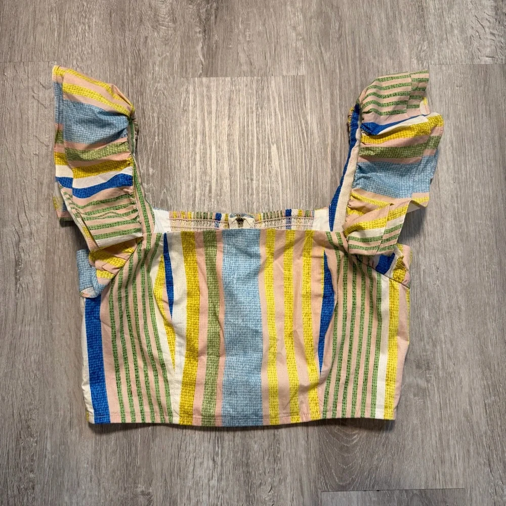 Cara Cara Women's Yellow Cotton‎ Darby Striped Crop Top Size XS Preppy Festival